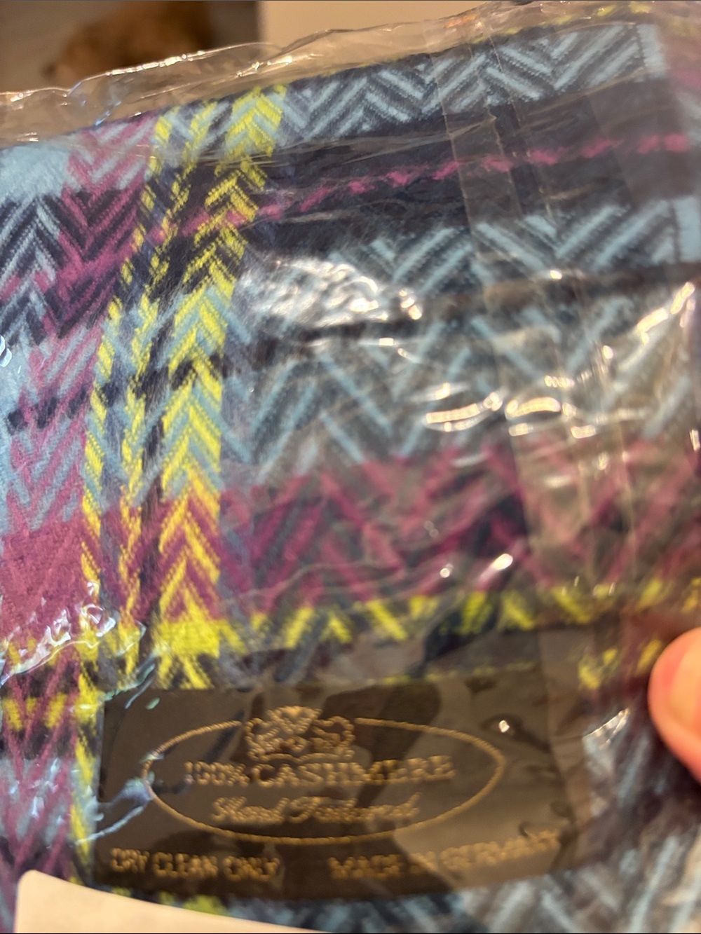100% Cashmere Plaid Scarf in Blue, Purple & Yellow - Premium Soft Wrap